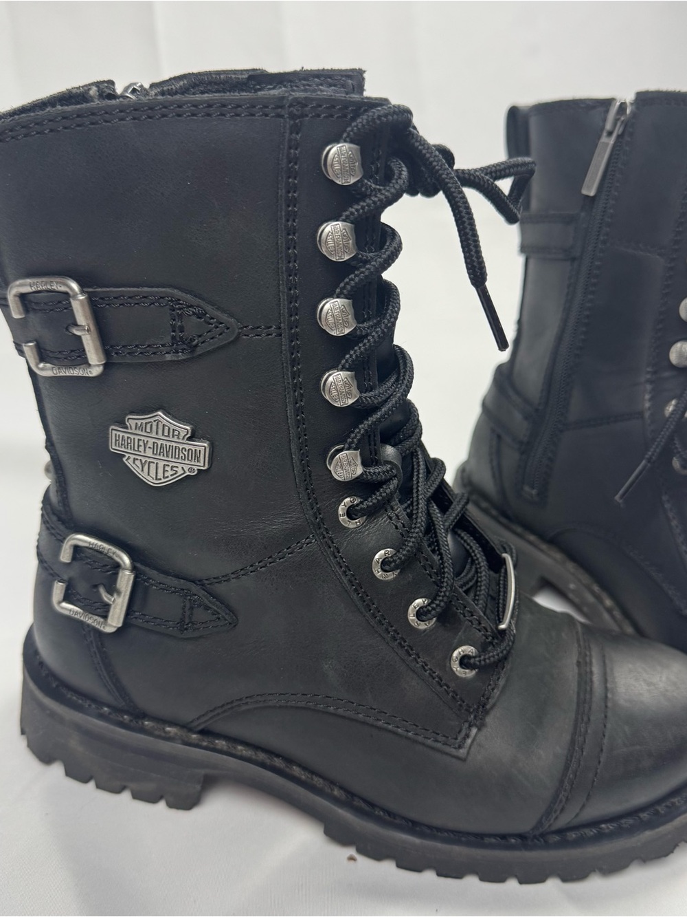 Harley-Davidson Black Leather Lace-Up Moto Boots with Buckles